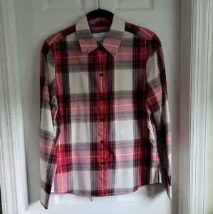 Foxcroft Women's Petite Wrinkle Free Red & Black Plaid Button Down Blouse